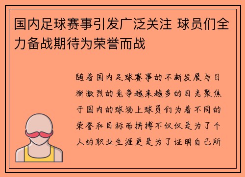 国内足球赛事引发广泛关注 球员们全力备战期待为荣誉而战