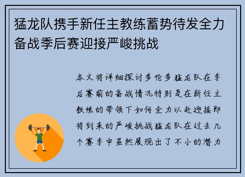 猛龙队携手新任主教练蓄势待发全力备战季后赛迎接严峻挑战