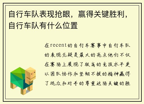 自行车队表现抢眼，赢得关键胜利，自行车队有什么位置