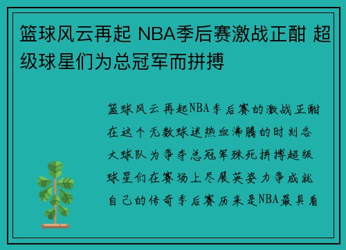 篮球风云再起 NBA季后赛激战正酣 超级球星们为总冠军而拼搏