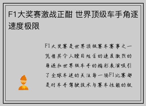 F1大奖赛激战正酣 世界顶级车手角逐速度极限
