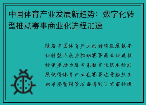中国体育产业发展新趋势：数字化转型推动赛事商业化进程加速