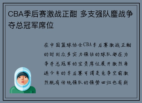 CBA季后赛激战正酣 多支强队鏖战争夺总冠军席位